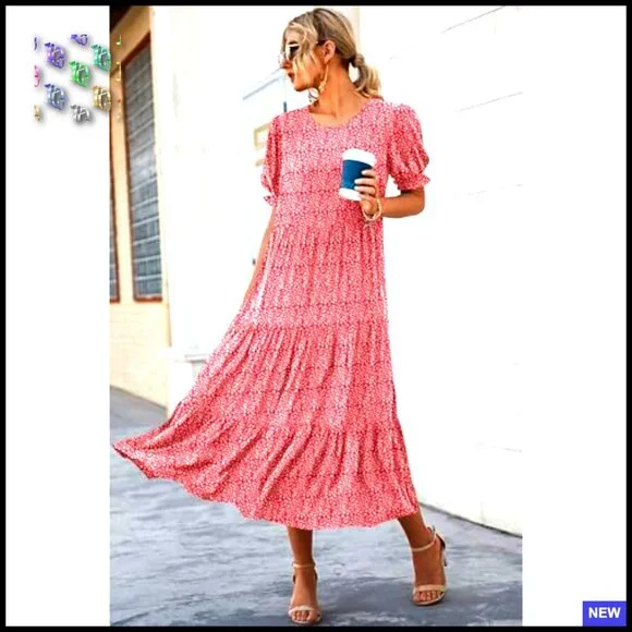 Floral Boho Midi Dress Casual Summer Puff Sleeve Flowy Beach Vacation Sundress - Picture 2 of 6